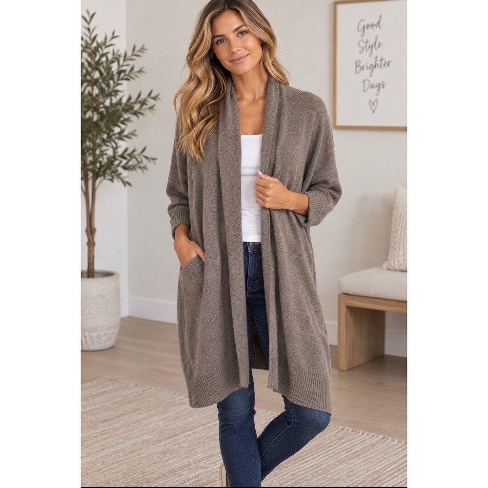 Tahari Pure Luxe 100% Cashmere Open Front Cardigan Taupe Brown Medium M Longline
